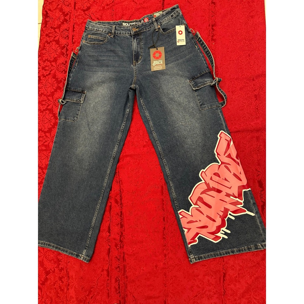 Southpole Mens Wide Leg Graffiti Graphic Jeans Medium Wash Blue Y2K 15/32 NEW